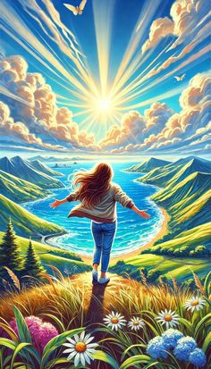 a painting of a woman walking down a hill with the sun in the sky above her