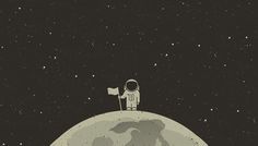 an astronaut sitting on top of the moon holding a white flag and looking up at the stars