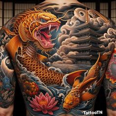 Flying Phoenix Tattoo, Most Beautiful Tattoos, Japanese Demon Tattoo, Koi Tattoo Sleeve, Japanese Back Tattoo, Rare Tattoos, Koi Tattoo Design, Full Tattoo, Yakuza Tattoo