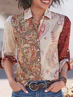 Silk Shirt Outfit, Paisley Fashion, Fall Tops, Paisley Shirt, Bohemian Blouses, Styl Boho, Cotton Shirts, Womens Long Sleeve Shirts, Floral Vintage