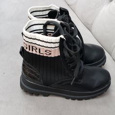 Nwt Bcbg Girls Covent Sock Boot Size 3 Black/Pink Covent Boot Moto Silhouette Black Pink And White Sock Very Cute! Bundle And Save$$ Pink Winter Boots For School, Cute Black High-top Boots, Casual Pink Boots For School, Girls Combat Boots, Croc Heels, Girls Black Boots, Sock Boot, Pink Heels, White Sock