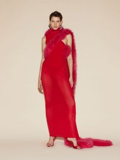 THE ATTICO Vibrant red long dress Elegant Red Dress With Feather Trim, Red Evening Dresses With Feather Trim, Red Feather Trim Evening Dress, Red Draped Maxi Dress For Party, Red Sheer Maxi Dress For Evening, Red Draped Dress For Red Carpet, Sheer Evening Dresses For Winter, Red Sheer Dress, Red Long Dress