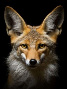 a close up of a fox's face on a black background