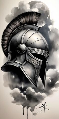 a drawing of a helmet with clouds in the background