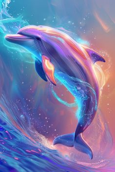 a painting of a dolphin swimming in the ocean with water splashing on it's back