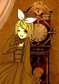 a woman in a dress standing next to a clock