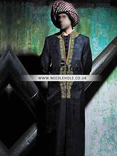 Self jamawar sherwani black for groom in Carlisle UK Sherwani Black, Black Sherwani, Sherwani For Men Wedding, Black Kurta, Bridal Lengha