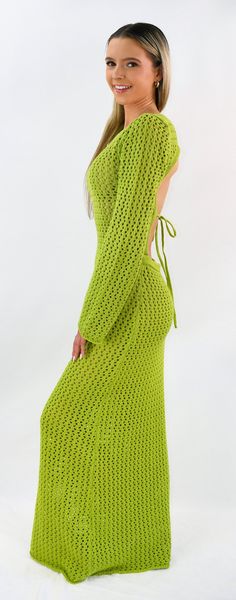 Get away from it all! Take a much-needed break from the mundane and get ready for an unforgettable summer getaway with this crochet maxi dress! Perfect for summer nights, this breezy maxi dress boasts a boatneck collar with an open back that ties at the neckline, giving you a touch of summertime style while you relax with friends. Color- Pear Green 60% Acrylic 40% Cotton Beach Crochet Maxi Dress, Beach Maxi Dress With Open Knit, Crochet Maxi Length Dress For Vacation, Beach Dresses With Open Knit Maxi Length, Fitted Crochet Maxi Dress For Vacation, Summer Crochet Dress For Brunch During Beach Season, Summer Maxi Crochet Dress With Open Knit, Bohemian Crochet Maxi Dress For Vacation, Bohemian Crochet Maxi Dress For Spring