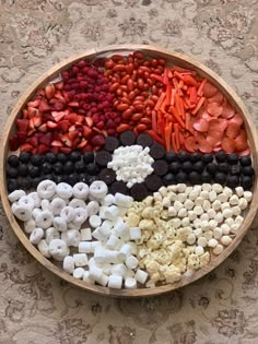 a bowl filled with lots of different types of food on top of a carpeted floor