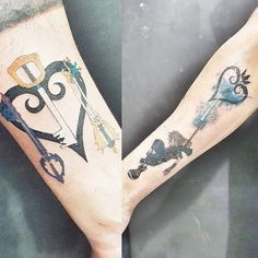 two tattoos that are on the legs of someone's feet and one is holding scissors