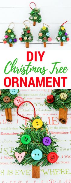 christmas tree ornament made out of paper and buttons with text overlay that says diy christmas tree ornament