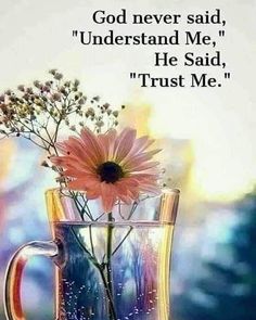 a vase with flowers in it and a quote about god never said, understand me, he said, trust me