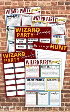 wizard party printables on a brick wall with the words wizard party written in red and