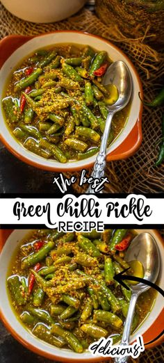 two pictures of green chili pickle in a bowl with spoons on the side