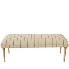 an upholstered bench with wooden legs and a striped seat pad on the bottom