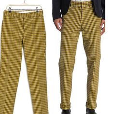 Burberry Yellow Check Trousers Add Attention Grabbing Style To Your Look. Model's Stats For Sizing: - Height: 6'1" - Waist: 32" - Inseam: 32" - Model Is Wearing Size M. - Zip Fly With Hidden Closure - 4 Pocket Formal Yellow Bottoms For Spring, Yellow Formal Bottoms For Spring, Yellow Tapered Leg Bottoms For Fall, Formal Yellow Trousers, Yellow Straight Leg Pants For Fall, Mustard Fitted Bottoms For Workwear, Fitted Mustard Bottoms For Workwear, Yellow Pants For Fall Workwear, Retro Fitted Yellow Pants