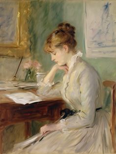 a painting of a woman sitting at a desk