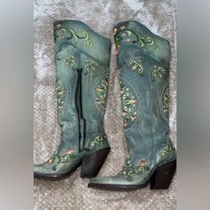 Beautiful Size 9 Woman’s Dan Post Knee High Boots! Green Leather Summer Boots, Green Leather Boots For Summer, Blue Bohemian Boots With Round Toe, Bohemian Blue Boots With Round Toe, Blue Bohemian Round Toe Boots, Dan Post Knee High Boots, Floral Boots, Dan Post, High Top Shoes