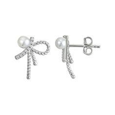 Finish off any ensemble with a touch of sweetness in these cubic zirconia and simulated pearl-embellished sterling silver bow earrings. Finish off any ensemble with a touch of sweetness in these cubic zirconia and simulated pearl-embellished sterling silver bow earrings. FEATURES Length: 15 mm Backings: post Nickel free Metal: sterling silver Plating: rhodium Finish: polished Packaging: boxedSTONE DETAILS Stone type: cubic zirconia Shape: round Setting: paveCULTURED PEARL DETAILS Diameter: 4.5 m Elegant White Gold Earrings With Bow, Classic Silver Jewelry With Bow Detail, Classic Silver Jewelry With Bow, Silver Feminine Pearl Earrings For Anniversary, Feminine Silver Pearl Earrings For Anniversary, Feminine Silver Earrings For Anniversary, Feminine Sterling Silver Earrings For Anniversary, Pearl Bow, Pearl Details