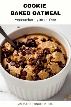 chocolate chip cookie baked oatmeal in a white bowl with text overlay