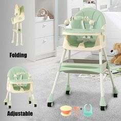 the baby high chair is sitting on the floor with its seat up and other accessories around it