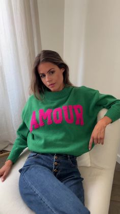 Long sleeve Sizing runs large Crewneck Pink 'AMOUR' logo Soft ONE SIZE (fits from US 2-4-6-8-10) Length 23.62 in - Width 23.62 in Our models wear the Blue Frenchy Jeans Contextures : 50% viscose – 30% nylon - 20% polyester Washing : handwash only Green Long Sleeve, Simply Southern, Cozy Sweater, Spring Season, Cozy Sweaters, Summer Nights, Sleeve Sweater, Long Sleeve Sweater, North America