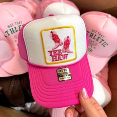 Yeehaw Boots Foam Trucker Hat in Hot Pink and White - Giddy Up Glamour Boutique Fun Adjustable Hat With Graphic Print, Fun Adjustable Graphic Print Hat, Fun Trucker Hat For Streetwear, Trendy Adjustable Trucker Hat With Graphic Print, Trendy Graphic Print Snapback Trucker Hat, Summer Graphic Print Trucker Hat, Trendy Graphic Print Trucker Hat For Summer, Trendy Snapback Trucker Hat With Graphic Print, Pink Novelty Trucker Hat For Spring