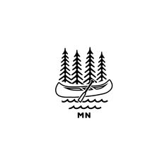 a boat floating on top of a lake surrounded by pine trees and the word mmn