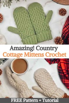 two knit mittens with text overlay reading amazing country cottage mittens crochet