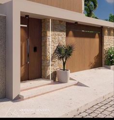 an artist's rendering of a modern house with stone and wood sidings on the outside