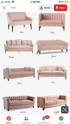 the different types of couches and loveseats are shown in this screenshot