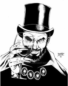 a black and white drawing of a man in top hat holding a glass of wine