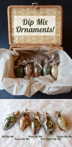 an assortment of christmas ornaments in a wicker basket and on the table is a sign that says dip mix ornaments