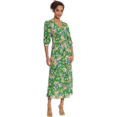 Donna Morgan 3/4 Sleeve Floral Print Empire Dress A Pretty And Flowery, Bohemian-Style Dress That Features A V-Neckline, Fabric Button Cuff Sleeves, And A Straight, Midi-Length Skirt. Additional Details: - Partially Lined - Hidden Back Zipper - Extra Button Included - Care: Machine Wash Cold Available Colors: Green Yellow Fabric: Bubble Crepe (97% Polyester, 3% Spandex) Lining (100% Polyester) Final Sale. 3/4 Sleeve Floral Midi Dress For Daywear, Floral Print Midi Dress With 3/4 Sleeves For Daywear, Spring Half Sleeve Maxi Dress For Day Out, Chic Green Dresses With 3/4 Sleeves, Chic Green Dress With 3/4 Sleeves, Green Half Sleeve Spring Dress, Green Rayon Dress For Garden Party, Spring Half Sleeve Maxi Dress For Brunch, Green Floral Midi Dress For Daywear