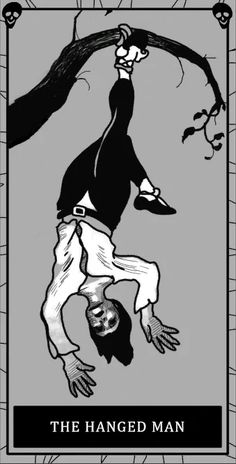 the hanged man tarot card is shown in black and white