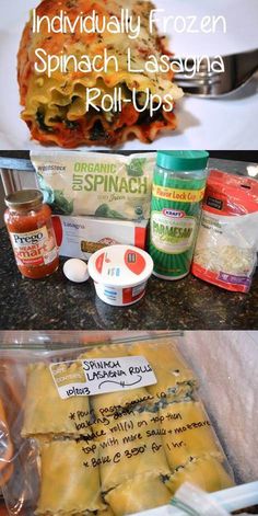 the ingredients for spinach lasagna roll ups are shown in this collage