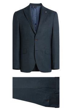 Lightweight wool styled in a deep, dusky teal brings understated distinction to a suit tailored with traditional detailing and a softly constructed fit. 29 1/2" length (size 42R) Jacket has notched lapels; chest pocket; flap pockets; side vents Trousers have zip fly with hook-and-bar closure; slant pockets; back button-welt pockets Jacket is lined Unhemmed 100% wool Dry clean Imported Elegant Wool Blazer For Business Trips, Elegant Tailored Blazer For Business Trips, Pocket Jacket, Tailored Suits, Wool Suit, Dark Teal, Welt Pockets, Mens Suits, Chest Pocket