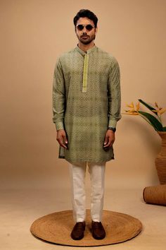 Green silk kurta with all over diamond print. Paired with a trouser. - Aza Fashions Trouser For Men, Silk Kurta, Diamond Print, Fashion App, Green Silk, Aza Fashion, Silk Printing, Trousers, For Men