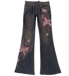 Bootcut Jeans Embroidery, Fairycore Bottoms, Y2k Jeans Aesthetic, Y2k Clothing Pieces, Witchy Grunge Outfits, Bedazzle Jeans, Mexican Y2k, Gypsycore Outfits, Fairy Jeans