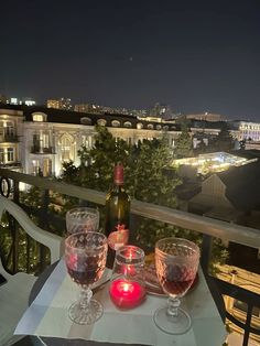 two glasses of wine on a table overlooking the city at night with lit candles in front of them