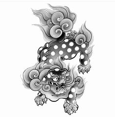 a black and white drawing of a dragon with clouds on it's back legs