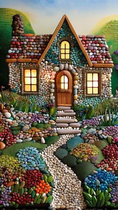 a painting of a house made out of rocks and stones with a pathway leading to it