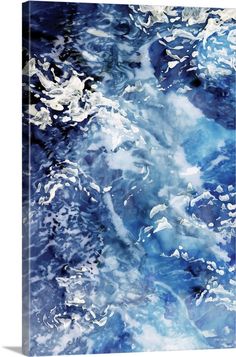 an abstract painting with blue and white paint on it's canvas, showing the texture of water