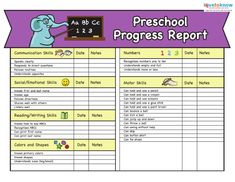 a printable preschool progress report with an elephant writing on the chalkboard and other items