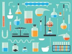 an image of science related items on a blue background, including flasks and test tubes