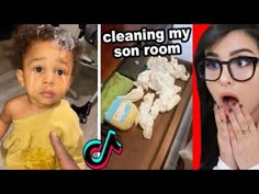 an image of a woman and her child cleaning their room with the words cleaning my son's room