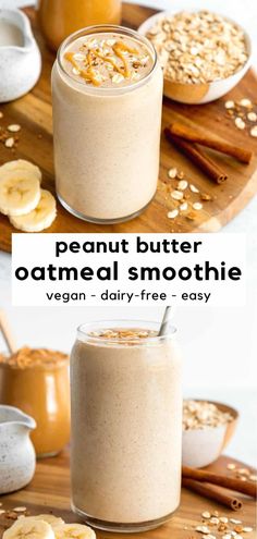 This peanut butter oatmeal smoothie recipe is a healthy breakfast for weight loss and busy mornings! It's creamy, easy to make, packed with fiber, and ready in 5 minutes. Combine a handful of pantry staples, like oats and banana, to create this nourishing breakfast smoothie. It's vegan, gluten-free, dairy-free, and great for kids! Peanut Butter Oatmeal Smoothie, Morning Smoothie Recipes, 1000 Calorie, Oatmeal Smoothie, Healthy Breakfast Recipes Easy, A Healthy Breakfast, Peanut Butter Oatmeal