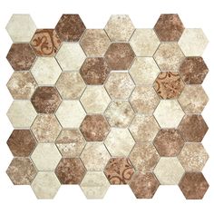 a white and brown tile pattern with hexagonal tiles on the bottom, in different colors