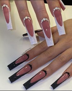 Black Sugar Nails, Black Glam Nails, Black Combination, Tapered Square Nails, Hot Pink Nails, White Glitter Nails, Diamond Nails, Nail Designs Glitter