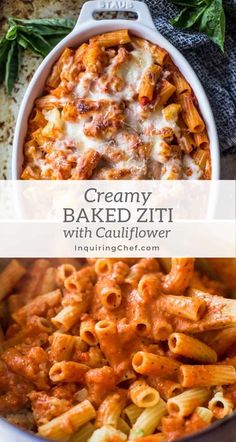 creamy baked ziti with cauliflower in a white casserole dish